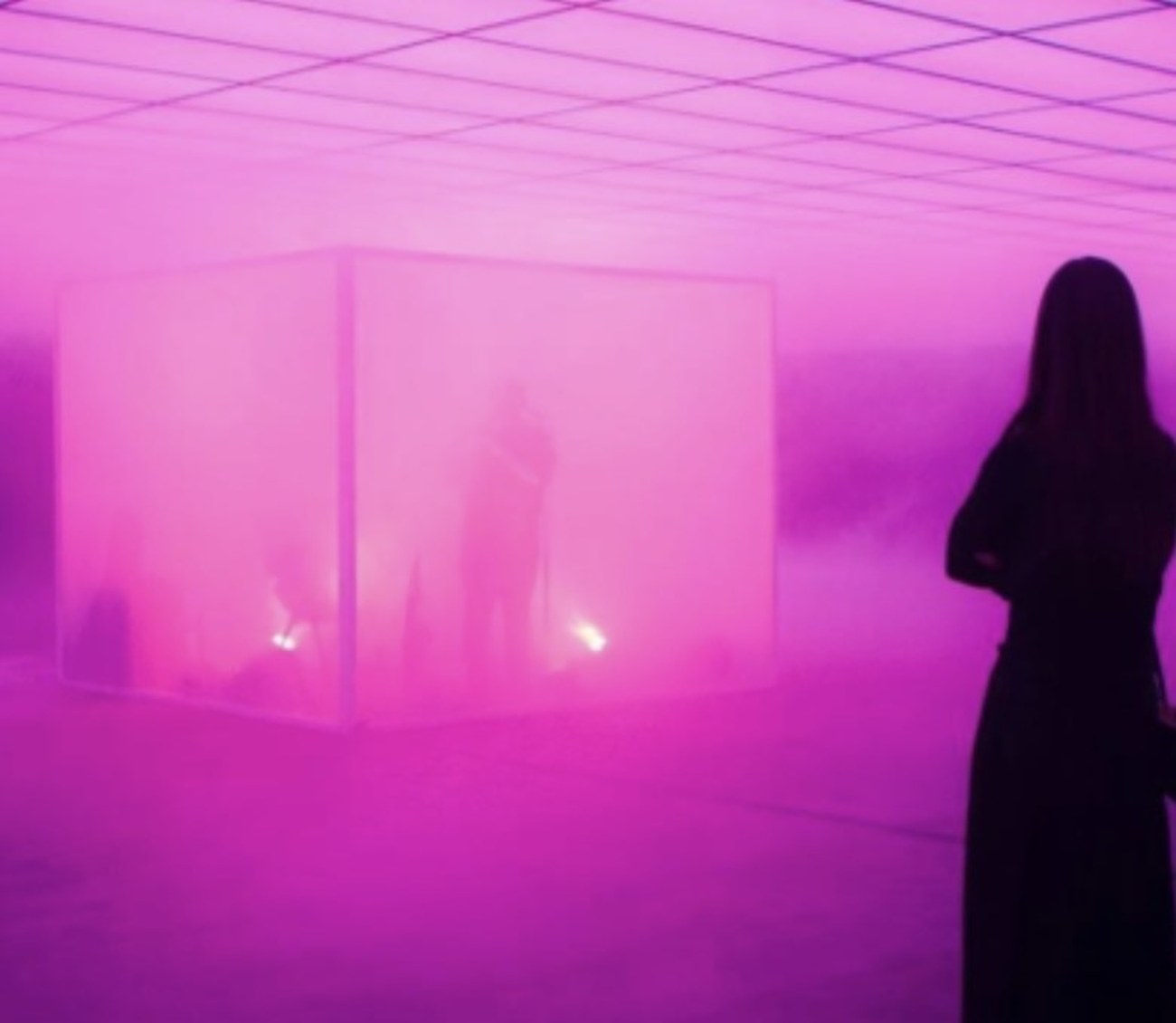 Fog-filled room lit magenta, a visitor silhouetted before a glowing cube